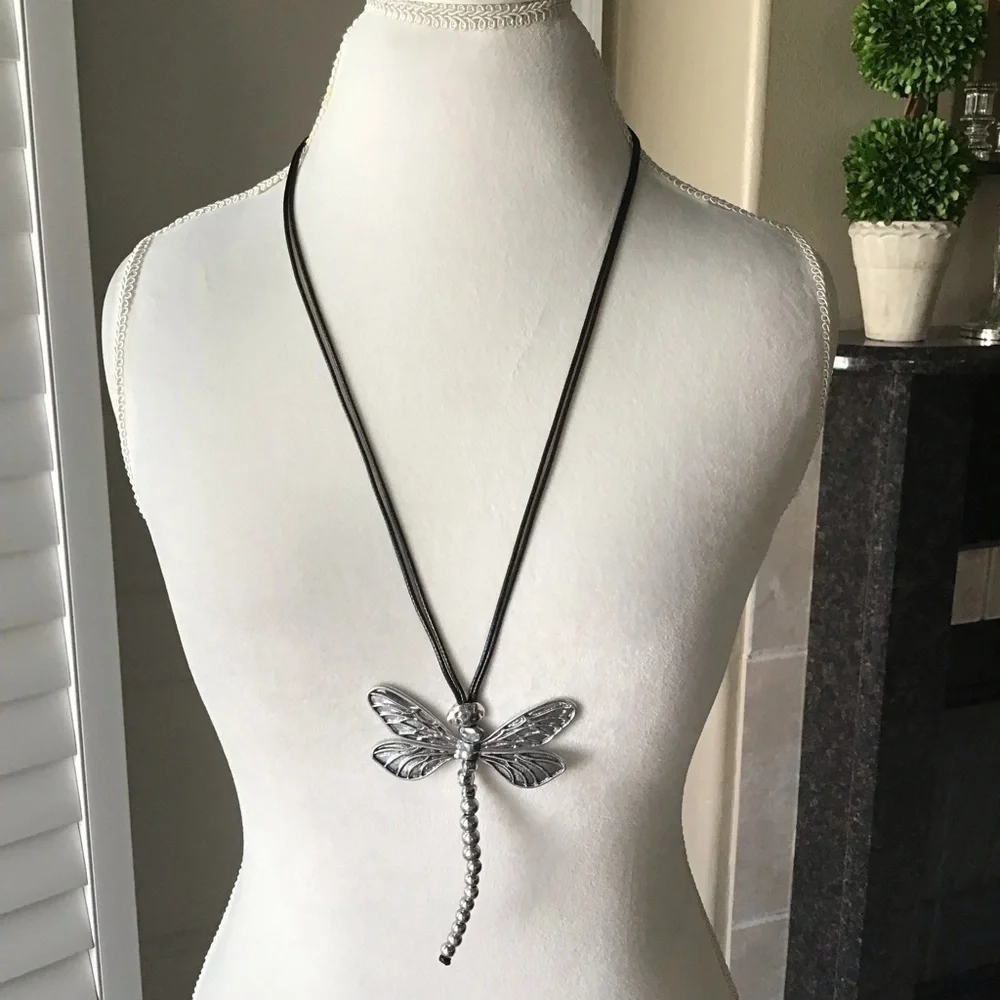 LAST 1! NEW Dragonfly Statement Necklace Movable Wings Gardener Black Cord Lucky